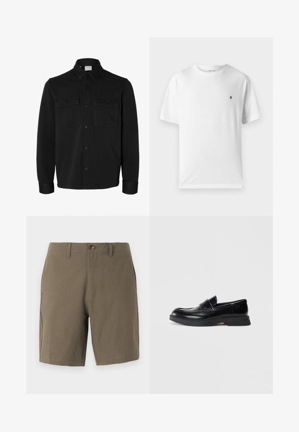 Chaqueta camisa negra de manga larga con botones, cuello puntiagudo, dos bolsillos en el pecho con solapas y botones, y puños abotonados.; Camiseta blanca de algodón con cuello redondo, mangas cortas y un pequeño logo negro en el pecho. Textura suave, corte casual.; Pantalones cortos en verde oliva hechos de un tejido texturizado, con cierre de botón y frente plano, y con bolsillos laterales para mayor funcionalidad.; Mocasines de cuero negro con un acabado suave, que presentan un panel frontal elevado y un acento rojo en contraste en la suela. Suela de goma plana.