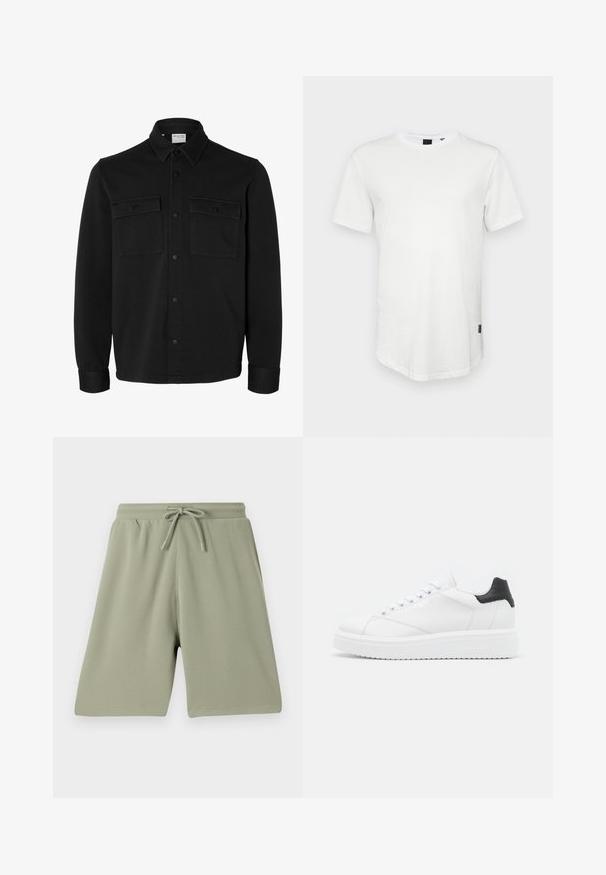 Chaqueta camisa negra de manga larga con botones, cuello puntiagudo, dos bolsillos en el pecho con solapas y botones, y puños abotonados.; Camiseta blanca de manga corta hecha de algodón, con un escote redondo y una parte trasera ligeramente alargada, con un pequeño logotipo en el lateral.; Pantalones cortos verde claro hechos de una tela texturizada con cintura elástica y cordón. Corte recto y diseño hasta la rodilla.; Zapatilla de cuero blanca con un talón negro, cordones planos, entresuela texturizada y logotipo en el lado exterior. Diseñada para uso casual.