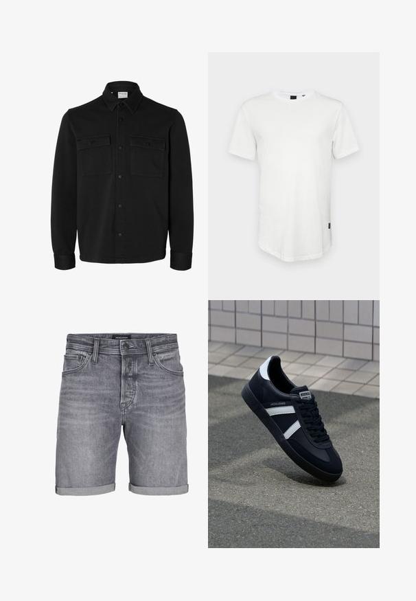 Zwart overhemdjack met lange mouwen en knopen, met spitse kraag, twee borstzakken met klep en knopen en knoopmanchetten.; Witte t-shirt met korte mouwen, gemaakt van katoen, met een ronde halslijn en een iets verlengde achterkant, voorzien van een klein logo-accent aan de zijkant.; Grijze denim shorts met een licht versleten uiterlijk, voorzien van een omgeslagen zoom, vijf zakken en een knoopsluiting. Label: JACK & JONES.; Zwarte leren sneaker met witte strepen, een gestructureerde rubberen zool en vetersluiting aan de voorkant. Voorzien van een merklabel op de tong.