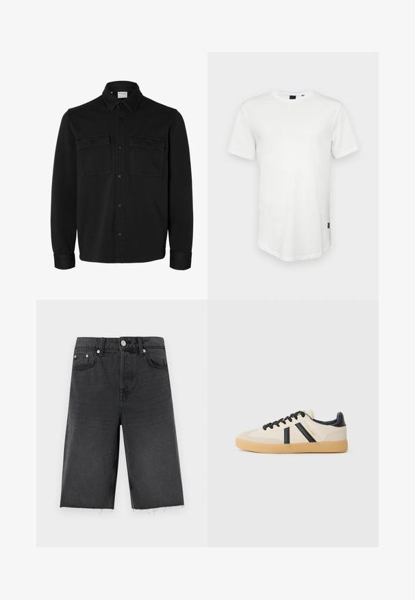 Veste-chemise noire à manches longues avec col pointu, deux poches poitrine à rabat avec boutons et poignets boutonnés.; T-shirt blanc à manches courtes en coton, avec un col rond et un dos légèrement allongé, arborant un petit logo sur le côté.; Shorts en denim noir à coupe droite, avec un ourlet légèrement effiloché, des passants de ceinture, cinq poches et des boutons en métal argenté.; Baskets décontractées en crème avec des rayures noires, présentant un dessus texturé et une semelle en caoutchouc. Les lacets sont noirs. Logo discret sur le côté.