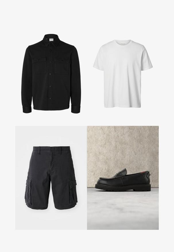 Veste-chemise noire à manches longues avec col pointu, deux poches poitrine à rabat avec boutons et poignets boutonnés.; T-shirt blanc uni à manches courtes, col rond, coupe décontractée, sans logos ni motifs visibles à l'avant.; Shorts cargo noirs en coton, dotés de plusieurs poches latérales, d'une fermeture à bouton et d'une coupe décontractée. Texture lisse et coutures robustes.; Mocassin en cuir noir avec semelle robuste et doublure intérieure rouge, positionné en suspension au-dessus d'un tapis beige et près d'un meuble en bois.