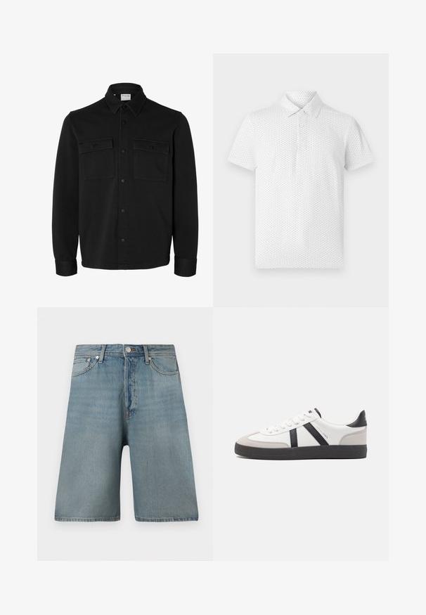 Schwarze langärmelige Hemdjacke mit spitzem Kragen, zwei Brusttaschen mit Klappen und Knöpfen sowie knöpfbaren Manschetten.; Weißes Poloshirt mit kurzen Ärmeln, das ein kleines geometrisches Muster aufweist, drei Knöpfe am Kragen hat und eine klassische Passform bietet. Hergestellt aus atmungsaktivem Stoff.; Helleblaue Denim-Shorts mit lockerer Passform, fünf Taschen und traditionellem Knopfverschluss, mit verblassten Stellen für ein abgetragenes Aussehen.; Weiße Sneaker mit schwarz- und grau-aczenten, ausgestattet mit einer strukturierten grauen Zehenkappe, schwarzer Gummi-Sohle und flachen weißen Schnürsenkeln. Sauberes Design, minimalistische Stil.
