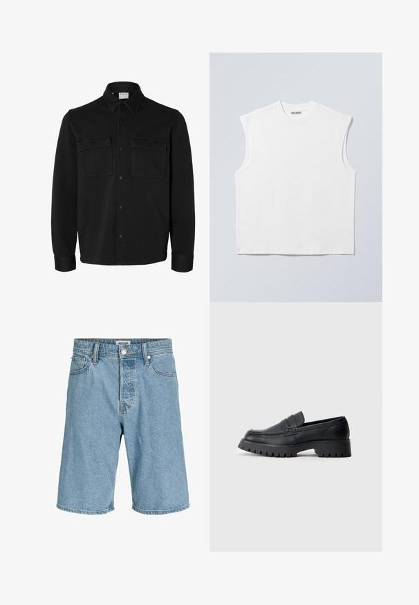 Veste-chemise noire à manches longues avec col pointu, deux poches poitrine à rabat avec boutons et poignets boutonnés.; Haut blanc sans manches en coton à col rond avec épaules structurées, marqué "WEEKDAY" sur l'étiquette du col, présenté sur un fond gris clair.; Shorts en denim bleu clair avec bouton et fermeture éclair à l'avant, passants pour ceinture, et poches avant et arrière.; Mocassins en cuir noir avec un bout arrondi, présentant une sangle décorative et une semelle en caoutchouc épaisse avec de profonds crampons pour une meilleure adhérence.