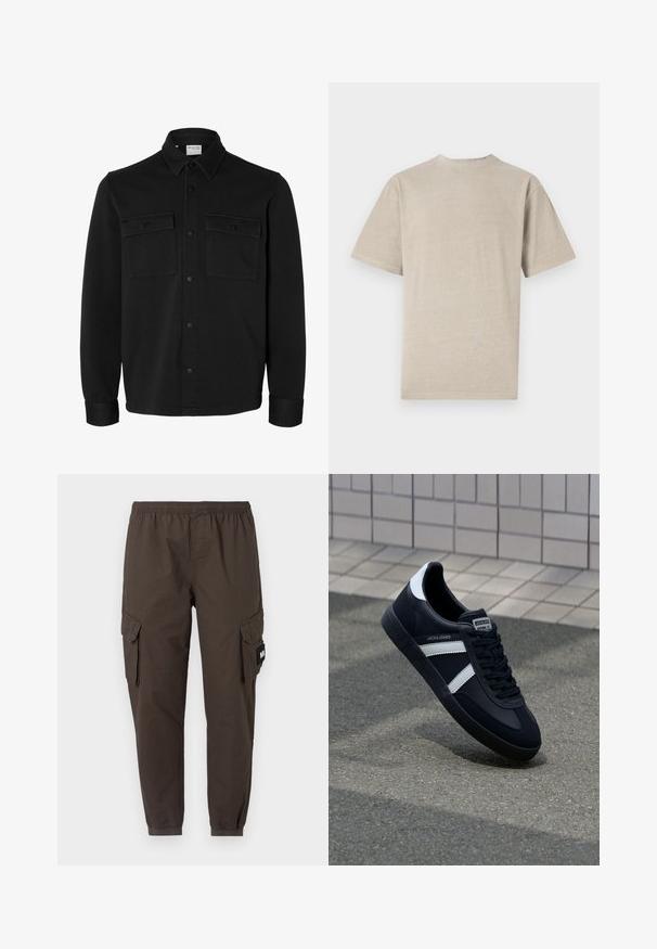 Sort langærmet skjortejakke med knapper, spids krave, to brystlommer med klapper og knapper samt knaphul på manchetterne.; Kortærmet T-shirt i lys beige med rund hals, lavet af blødt stof, med en glat tekstur og et enkelt design uden grafik.; Cargo bukser i mørkebrunt stof, med elastisk talje, tapered ben og to sidelommer med klapper.; Sort lædersneaker med hvide striber, tekstureret gummisål og snørrebånd foran. Har et brandet mærke på tungen.
