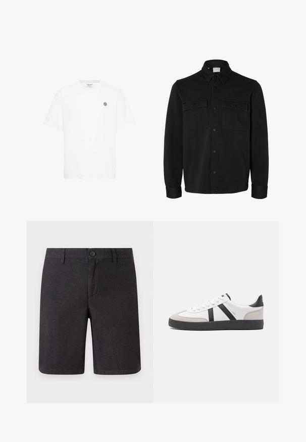 Chaqueta camisa negra de manga larga con botones, cuello puntiagudo, dos bolsillos en el pecho con solapas y botones, y puños abotonados.; Camiseta de manga corta blanca con un cuello redondo y un pequeño logo geométrico gris en el lado izquierdo del pecho. Fabricada en suave material de algodón.; Pantalones cortos gris oscuro hechos de tejido woven, con cierre de botón, trabillas para cinturón y un diseño de pierna recta, con dobladillos limpios y bolsillos laterales.; Zapatilla blanca con acentos en negro y gris, que presenta una puntera texturizada en gris, suela de goma negra y cordones planos blancos. Diseño limpio, estilo minimalista.