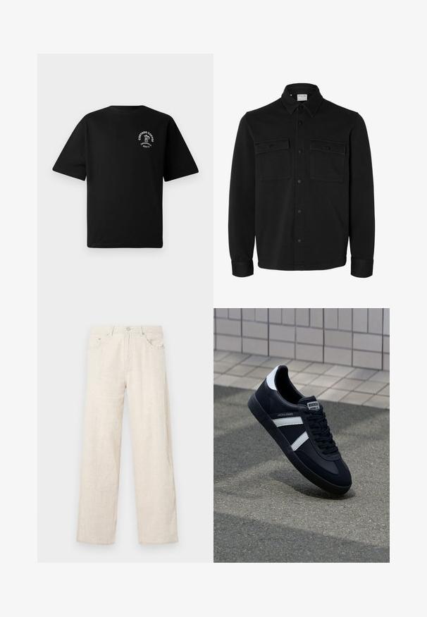 Veste-chemise noire à manches longues avec col pointu, deux poches poitrine à rabat avec boutons et poignets boutonnés.; T-shirt noir à manches courtes avec un petit logo blanc sur la poitrine représentant une cafetière et le texte "Cortado Coffee Original 2013."; Pantalons larges beiges en tissu texturé, dotés d'une fermeture à bouton, de passants de ceinture et d'un style de poche classique.; Sneaker en cuir noir avec des rayures blanches, semelle en caoutchouc texturée et devant à lacets. Présente une étiquette de marque sur la languette.