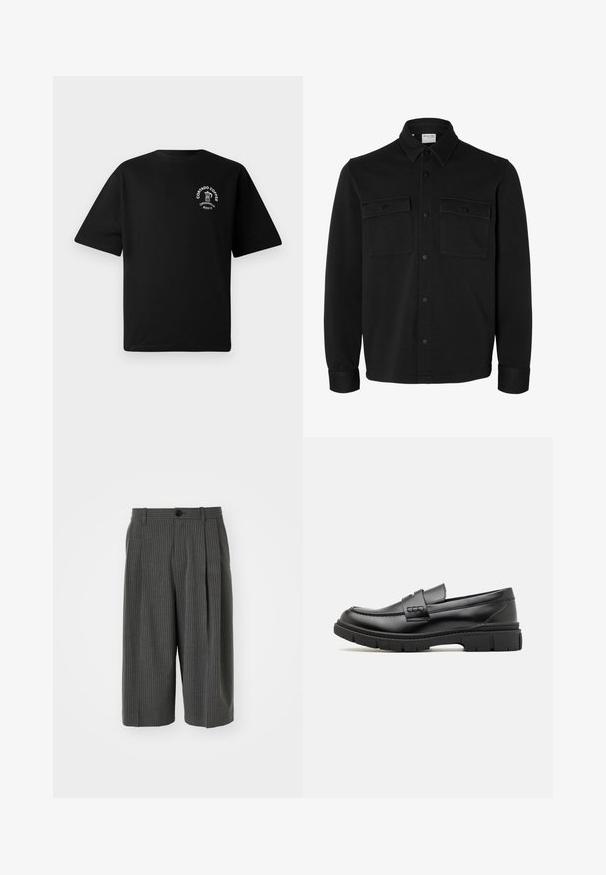 Veste-chemise noire à manches longues avec col pointu, deux poches poitrine à rabat avec boutons et poignets boutonnés.; T-shirt noir à manches courtes avec un petit logo blanc sur la poitrine représentant une cafetière et le texte "Cortado Coffee Original 2013."; Shorts larges à rayures gris avec fermeture à bouton et plissé à l'avant. Fabriqués à partir d'un tissu texturé, présentant un design ajusté.; Mocassin en cuir noir avec une large sangle sur le devant, semelle en caoutchouc à épaisse rainure, et texture lisse. Design classique et élégant.