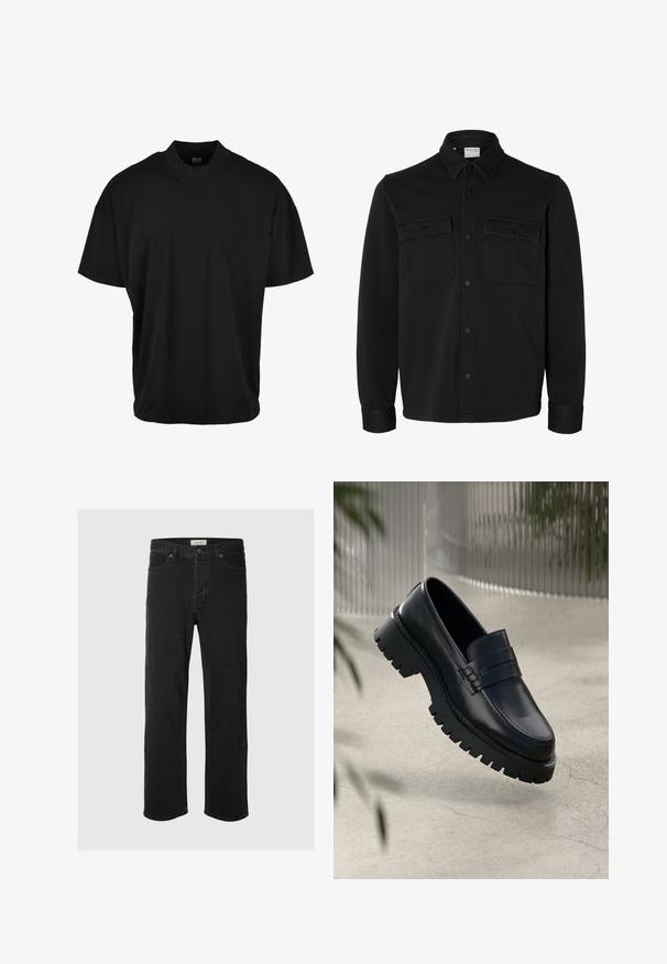 Chaqueta camisa negra de manga larga con botones, cuello puntiagudo, dos bolsillos en el pecho con solapas y botones, y puños abotonados.; Camiseta de manga corta negra con diseño de cuello redondo, hecha de tela suave, que presenta un ajuste relajado y sin patrones o acentos visibles.; Los jeans rectos de mezclilla negra presentan un diseño clásico de cinco bolsillos con cierre de botón, costuras mínimas y una textura suave.; Mocasines de cuero negro con suela gruesa, que presentan una correa decorativa y detalles de costura. Textura suave con un acabado pulido.