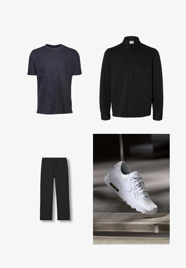 Chaqueta camisa negra de manga larga con botones, cuello puntiagudo, dos bolsillos en el pecho con solapas y botones, y puños abotonados.; Camiseta de manga corta azul oscuro hecha de una tela suave. Presenta un cuello redondo y una textura lisa, con un diseño minimalista.; Pantalones negros de pierna recta con cintura elástica y cordón, mostrados extendidos sobre un fondo blanco.; Zapatilla Nike Air Max 90 blanca con parte superior de malla y cuero, caja de puntera perforada y unidad de aire visible en el talón.