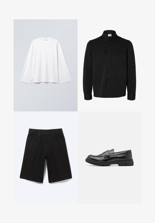 Veste-chemise noire à manches longues avec col pointu, deux poches poitrine à rabat avec boutons et poignets boutonnés.; T-shirt blanc uni à manches longues avec col rond et coupe décontractée, suspendu sur un fond gris clair.; Short en jean noir longueur genou avec bouton à l'avant, passants de ceinture et cinq poches, présenté sur fond blanc.; Mocassin en cuir noir avec une large sangle sur le devant, semelle en caoutchouc à épaisse rainure, et texture lisse. Design classique et élégant.