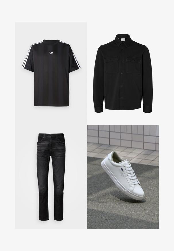 Sort langærmet skjortejakke med knapper, spids krave, to brystlommer med klapper og knapper samt knaphul på manchetterne.; Sort t-shirt med korte ærmer, hvide tre-stribede design på skuldrene og en lille hvid logo på brystet. Fremstillet af letvægtsstof.; Sorte denimjeans med lige pasform, fem-lomme-design, subtil forvaskning og knaplukning. Klassisk stil, der passer til afslappet brug.; Hvide lædersneakers med en glat finish, rund tå, flade snørebånd og en tekstureret gummisål; har et lille blåt logo på siden.