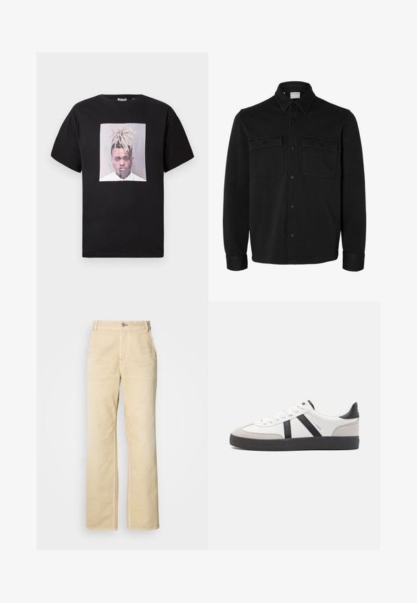 Veste-chemise noire à manches longues avec col pointu, deux poches poitrine à rabat avec boutons et poignets boutonnés.; T-shirt en coton noir avec un col rond, présentant une grande impression sur le devant d'un portrait dans un cadre carré. Manches courtes, coupe décontractée.; Pantalon large couleur kaki en coton doux, avec une fermeture par un seul bouton, des poches avant et des coutures apparentes le long des coutures.; Baskets blanches avec des accents noirs et gris, présentant un embout texturé gris, une semelle en caoutchouc noir et des lacets plats blancs. Design épuré, style minimaliste.