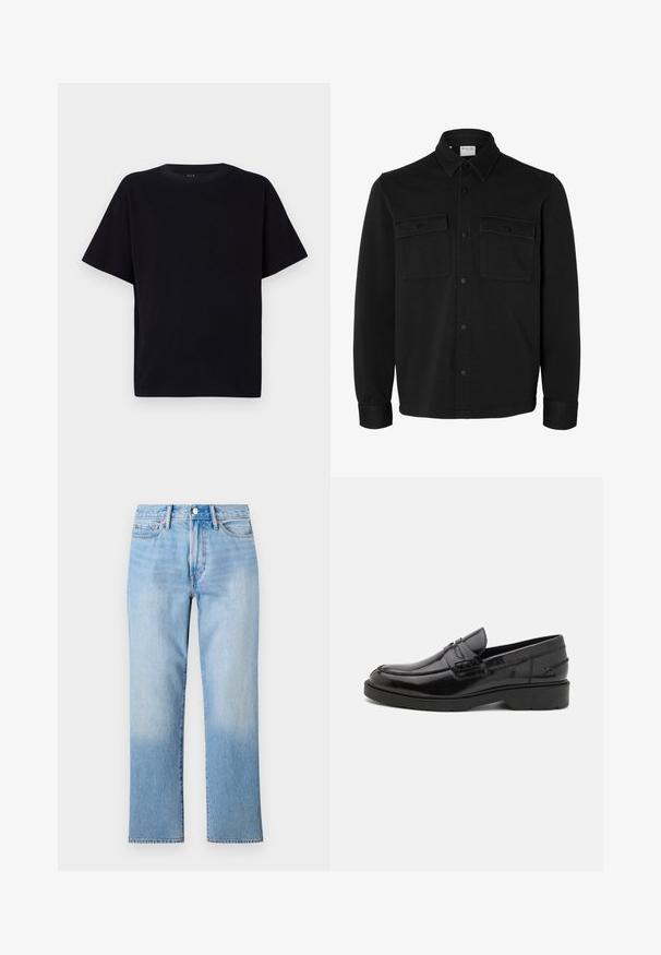 Sort langærmet skjortejakke med knapper, spids krave, to brystlommer med klapper og knapper samt knaphul på manchetterne.; Sort kortærmet t-shirt med rund halsudskæring. Fremstillet af blødt stof, med en afslappet pasform og uden synlige mønstre eller detaljer.; Lys blå denim jeans med lige ben-design, der har en falmet vask, standard fem-lomme styling og en klassisk knaplukning.; Sorte læder loafers med en glat finish, rund tå, lav hæl og dekorativ syning langs forsiden. Gummisål for godt greb.
