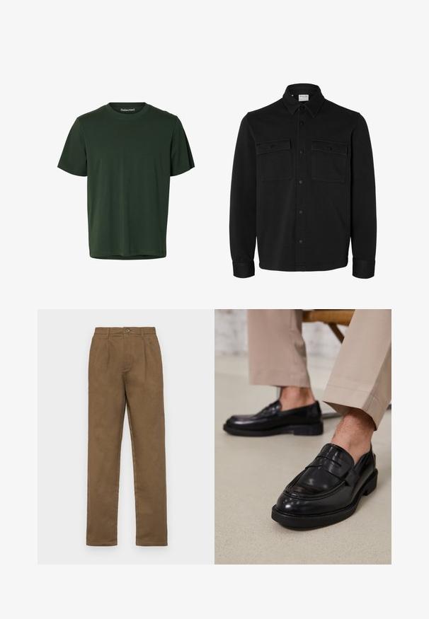Chaqueta camisa negra de manga larga con botones, cuello puntiagudo, dos bolsillos en el pecho con solapas y botones, y puños abotonados.; Camiseta verde oscuro de manga corta con cuello redondo, confeccionada en tejido liso con un dobladillo recto.; Pantalones de algodón marrón con un corte recto, presentan un cierre de un botón, pasadores para cinturón y pliegues marcados en la parte delantera.; Mocasines de cuero negro con un acabado suave, que cuentan con una correa decorativa y costuras en contraste, combinados con pantalones beiges.