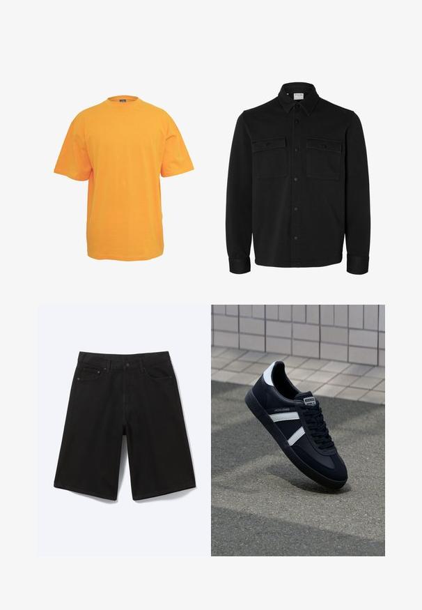Zwart overhemdjack met lange mouwen en knopen, met spitse kraag, twee borstzakken met klep en knopen en knoopmanchetten.; Oranje katoenen t-shirt met een ronde hals, korte mouwen en een relaxed fit. Geen patronen of accenten. Coffee textuur.; Zwarte denim short tot op de knie met voorste knoop, riemlussen en vijf zakken, afgebeeld tegen een witte achtergrond.; Zwarte leren sneaker met witte strepen, een gestructureerde rubberen zool en vetersluiting aan de voorkant. Voorzien van een merklabel op de tong.
