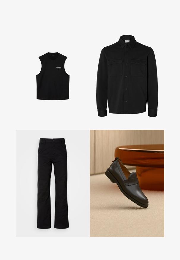 Chaqueta camisa negra de manga larga con botones, cuello puntiagudo, dos bolsillos en el pecho con solapas y botones, y puños abotonados.; Top negro sin mangas con cuello redondo y logo "ALLSAINTS" junto con texto pequeño en blanco en el lado izquierdo del pecho.; Pantalones de algodón negros con un diseño de pierna recta, que cuentan con un cierre de botón y lazos para cinturón. Textura suave y estilo minimalista sin patrones visibles.; Mocasín de cuero negro con tacón bajo flotando sobre una alfombra beige, junto a una mesa brillante de color ámbar en una habitación minimalista.