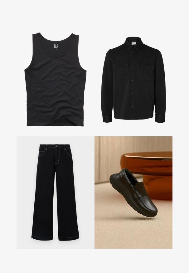 Chaqueta camisa negra de manga larga con botones, cuello puntiagudo, dos bolsillos en el pecho con solapas y botones, y puños abotonados.; Top negro sin mangas hecho de una tela suave, con un escote redondeado y sisa, con un diseño liso y sin patrones ni acentos visibles.; Pantalones de mezclilla negros de pierna ancha, con cierre de botón, cinco bolsillos y costuras en contraste de color blanco a lo largo de las costuras.; Mocasín de cuero negro con suela gruesa, mostrado sobre una alfombra beige y cerca de una base de mesa redonda de color ámbar.