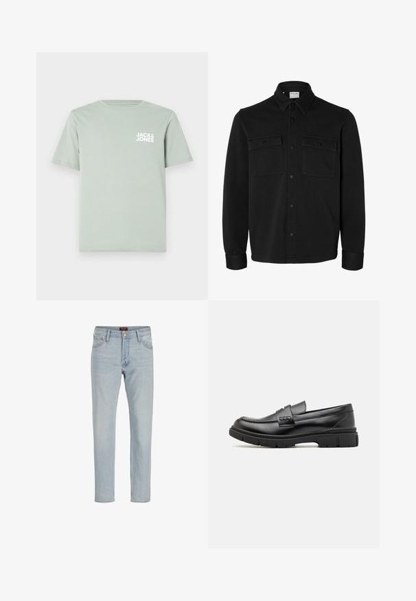 Sort langærmet skjortejakke med knapper, spids krave, to brystlommer med klapper og knapper samt knaphul på manchetterne.; Lys grøn t-shirt i bomuld med rund halsudskæring og korte ærmer. Har et hvidt logo "JACK & JONES" trykt på venstre bryst.; Lysblå denim jeans med lige snit, fem-lommet design, knaplukning og let slidt tekstur.; Sort læder loafersko med en bred rem over forfoden, gummisål med tykke mønstre og glat overflade. Klassisk, slankt design.