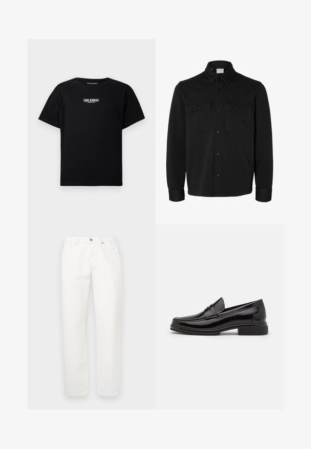 Veste-chemise noire à manches longues avec col pointu, deux poches poitrine à rabat avec boutons et poignets boutonnés.; T-shirt noir en coton avec des manches courtes et un col rond. L'avant possède un texte graphique blanc "UNLEASH!" imprimé au centre.; Pantalon en denim blanc avec une coupe droite. Il comporte une disposition traditionnelle à cinq poches, une fermeture à bouton métallique et une légère texture.; Mocassins en cuir noir avec un embout arrondi, présentant un détail cousu sur le dessus, et un petit talon carré. Texture lisse et finition brillante.