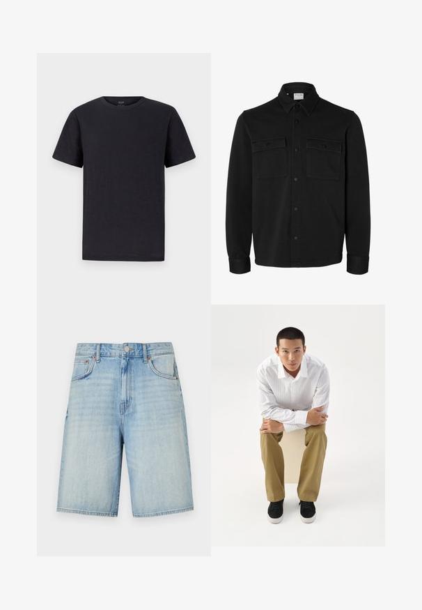 Zwart overhemdjack met lange mouwen en knopen, met spitse kraag, twee borstzakken met klep en knopen en knoopmanchetten.; Zwarte t-shirt van een zachte, lichtgewicht stof met een klassieke ronde halslijn en korte mouwen. Eenvoudig, effen ontwerp zonder patronen of accenten.; Lichtblauwe denimshorts met een rechte snit, voorzien van een knoop- en ritsluiting, vijf zakken en een licht vervaagde afwerking.; Jonge man in wit gestreept overhemd en kaki broek, voorover zittend op een kruk met gekruiste armen, kijkt recht vooruit op een witte achtergrond.