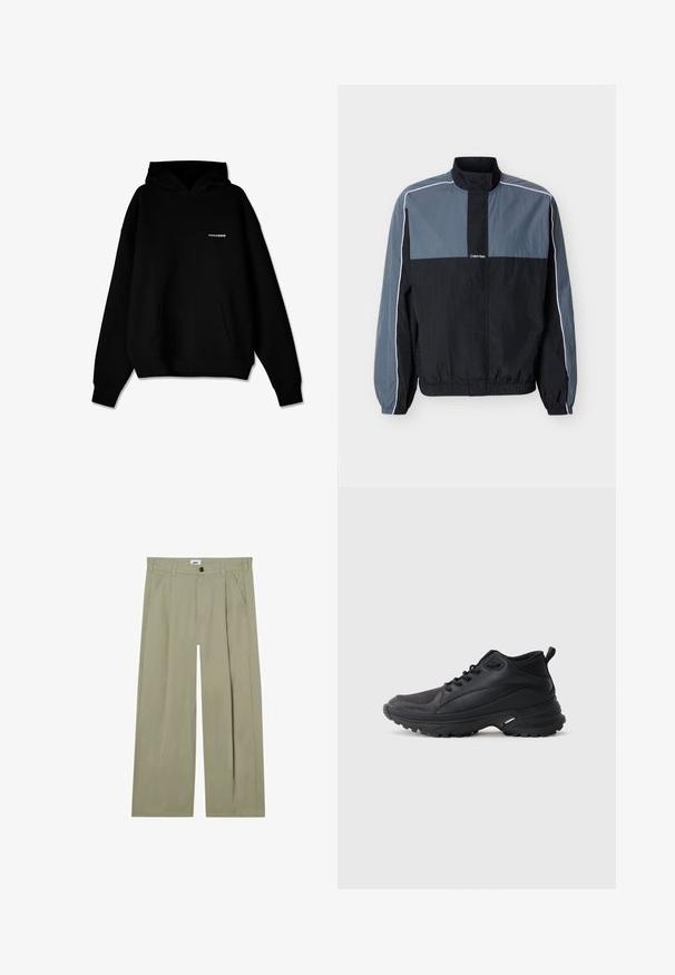 Schwarze und graue leichte Herrenjacke zum Reißverschluss mit hohem Kragen, elastischen Bündchen und Saum sowie weißen Paspelierungen entlang der Ärmel und Schultern.; Schwarzer Kapuzenpullover mit vorderer Kängurutasche und kleinem weißen "PEGADOR"-Logo auf der Brust, vor weißem Hintergrund präsentiert.; Beige Hosen mit weitem Bein, Vordertaschen, Gürtelschlaufen, Knopfverschluss und einem Etikett mit der Aufschrift "OBEY" an der Innenseite des Bundes.; Schwarze Sportschuhe aus synthetischem Material. Ausgestattet mit einem gepolsterten Kragen, einer runden Spitze, einer robusten Laufsohle mit Profil und einem Markenlogo.