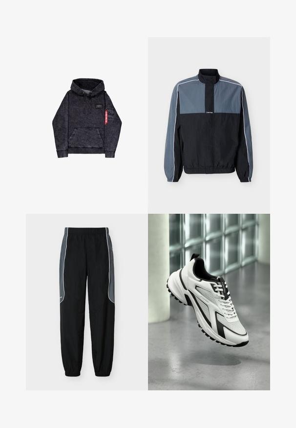 Heren lichtgewicht jas in zwart en grijs met ritssluiting, hoge kraag, elastische manchetten en zoom, en witte biezen langs de mouwen en schouders.; Zwarte melange hoodie met kangoeroezak, verstelbare trekkoordcapuchon, logo patch op de borst en zijzak met rode labeldetail.; Zwarte trainingsbroek met donkergrijze zijpanelen en witte bies, elastische tailleband en boorden, weergegeven tegen een witte achtergrond.; Witte en zwarte Calvin Klein sportschoen met een gestructureerde zool, veters aan de voorkant en een merklogo op de tong, zwevend boven een gepolijste betonnen vloer.