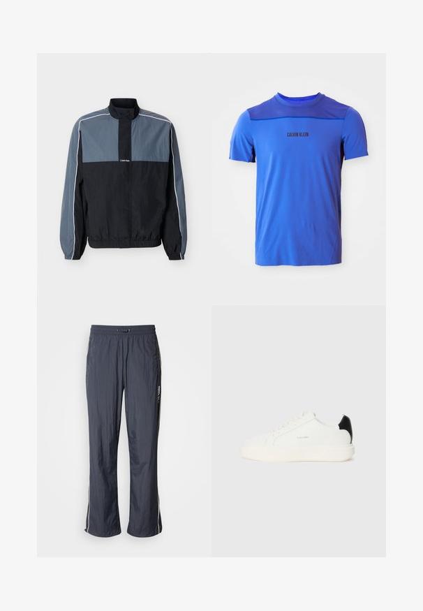 Chaqueta ligera para hombre en negro y gris con cremallera, cuello alto, puños y bajo elásticos, y ribete blanco a lo largo de las mangas y los hombros.; Camiseta atlética azul con cuello redondo, tejido de malla en los hombros y el logo 'CALVIN KLEIN' impreso en negro. Textura suave.; Pantalones de chándal ligeros en azul marino con cintura elástica, bolsillos laterales y franjas blancas en los costados. Textura suave.; Zapatilla de cuero blanca con un acento negro en el talón, presenta puntera redonda, cordones planos y una suela gruesa blanca. Logo de Calvin Klein visible.