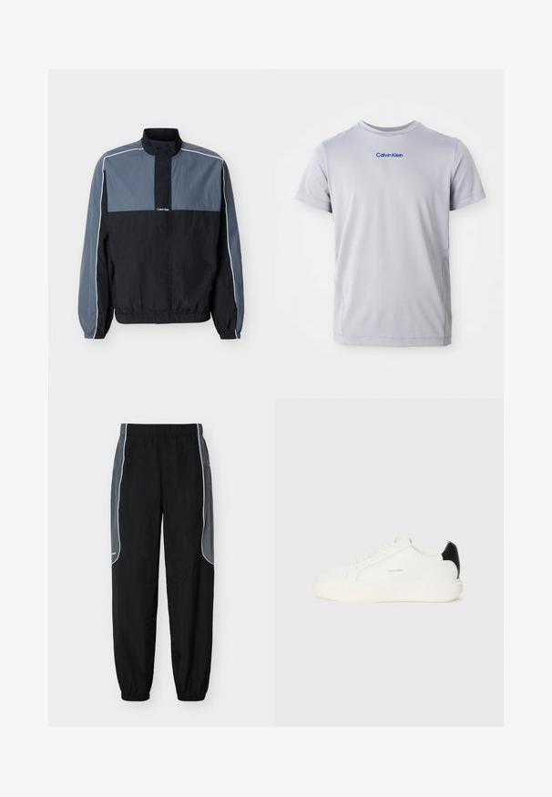 Heren lichtgewicht jas in zwart en grijs met ritssluiting, hoge kraag, elastische manchetten en zoom, en witte biezen langs de mouwen en schouders.; Lichtgrijs T-shirt met korte mouwen, gemaakt van een gestructureerde stof, met een blauwe "Calvin Klein" logo over de borst. Ronde halslijn, regular fit.; Zwarte trainingsbroek met donkergrijze zijpanelen en witte bies, elastische tailleband en boorden, weergegeven tegen een witte achtergrond.; Witte leren sneaker met een zwarte accent op de hak, met een ronde neus, platte veters en een dikke witte zool. Calvin Klein-logo weergegeven.