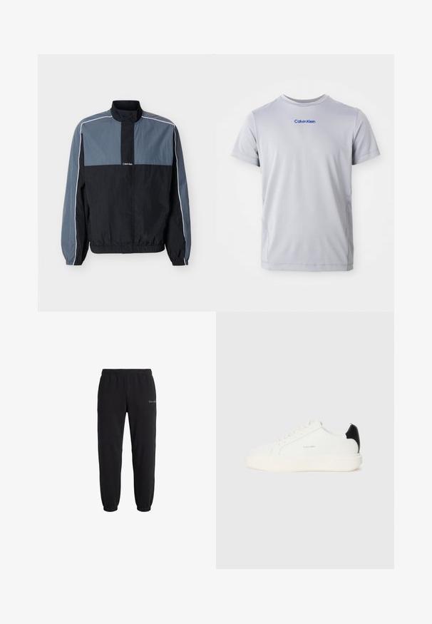 Chaqueta ligera para hombre en negro y gris con cremallera, cuello alto, puños y bajo elásticos, y ribete blanco a lo largo de las mangas y los hombros.; Camiseta de manga corta gris claro hecha de tejido texturizado, con un logo azul de "Calvin Klein" en el pecho. Cuello redondo, corte regular.; Pantalones deportivos negros con cintura elástica y puños en los tobillos, con pequeño logo blanco de Calvin Klein en la parte superior del muslo izquierdo.; Zapatilla de cuero blanca con un acento negro en el talón, presenta puntera redonda, cordones planos y una suela gruesa blanca. Logo de Calvin Klein visible.