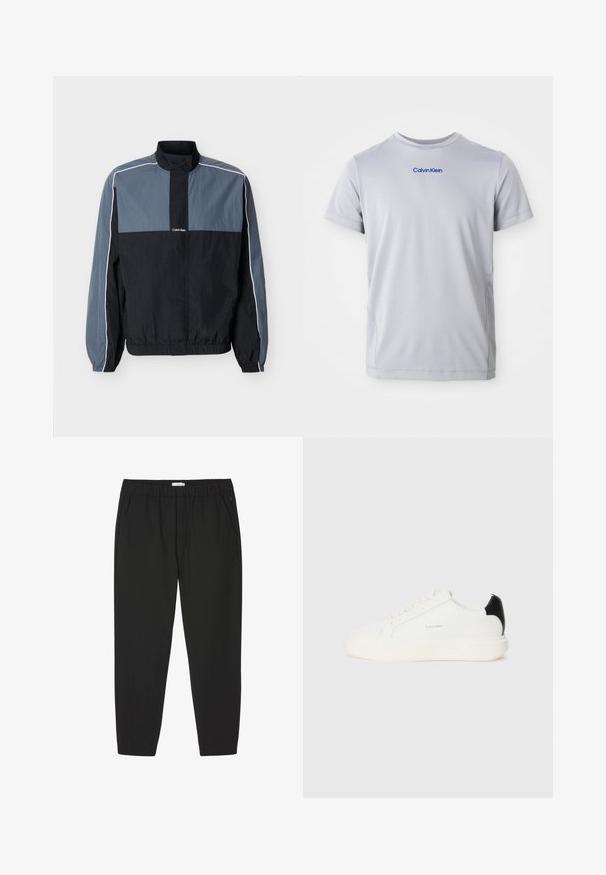Chaqueta ligera para hombre en negro y gris con cremallera, cuello alto, puños y bajo elásticos, y ribete blanco a lo largo de las mangas y los hombros.; Camiseta de manga corta gris claro hecha de tejido texturizado, con un logo azul de "Calvin Klein" en el pecho. Cuello redondo, corte regular.; Pantalones negros con cintura elástica, piernas rectas y bolsillos laterales, diseñados para uso casual o profesional.; Zapatilla de cuero blanca con un acento negro en el talón, presenta puntera redonda, cordones planos y una suela gruesa blanca. Logo de Calvin Klein visible.
