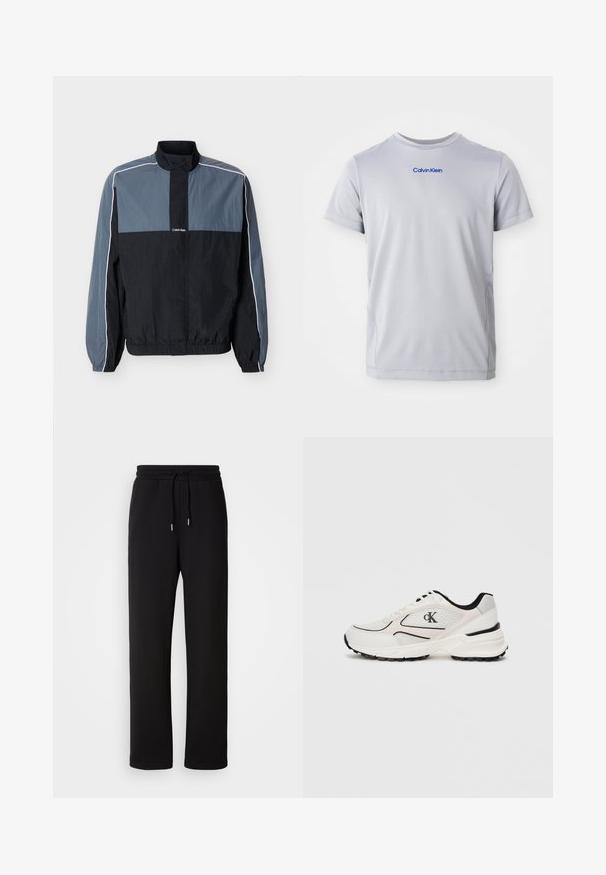 Chaqueta ligera para hombre en negro y gris con cremallera, cuello alto, puños y bajo elásticos, y ribete blanco a lo largo de las mangas y los hombros.; Camiseta de manga corta gris claro hecha de tejido texturizado, con un logo azul de "Calvin Klein" en el pecho. Cuello redondo, corte regular.; Pantalones de chándal negros hechos de una tela suave, con cintura con cordón, piernas rectas y sin patrones ni acentos adicionales.; Zapatilla deportiva blanca con parte superior de malla y sintético, acentos en negro, suela contorneada y un logotipo prominente en el lateral.