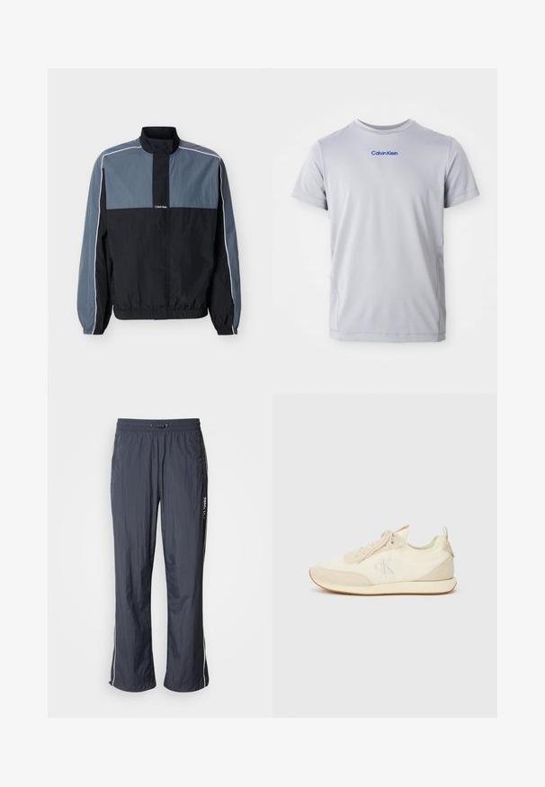 Herre sort og grå letvægts lynlåstrøje med høj krave, elastiske manchetter og nederst, samt hvide striber langs ærmer og skuldre.; Lys grå kortærmet t-shirt lavet af tekstureret stof, med et blåt "Calvin Klein" logo tværs over brystet. Rund halsudskæring, normal pasform.; Mørkeblå letvægts løbebukser med elastisk talje, sidelommer og hvide accentstriber på siderne. Glat tekstur.; Sporty sneakers i creme og beige, med en glat stofoverdel og suede detaljer. Diskret logo, og gummisål med kontrastkant.