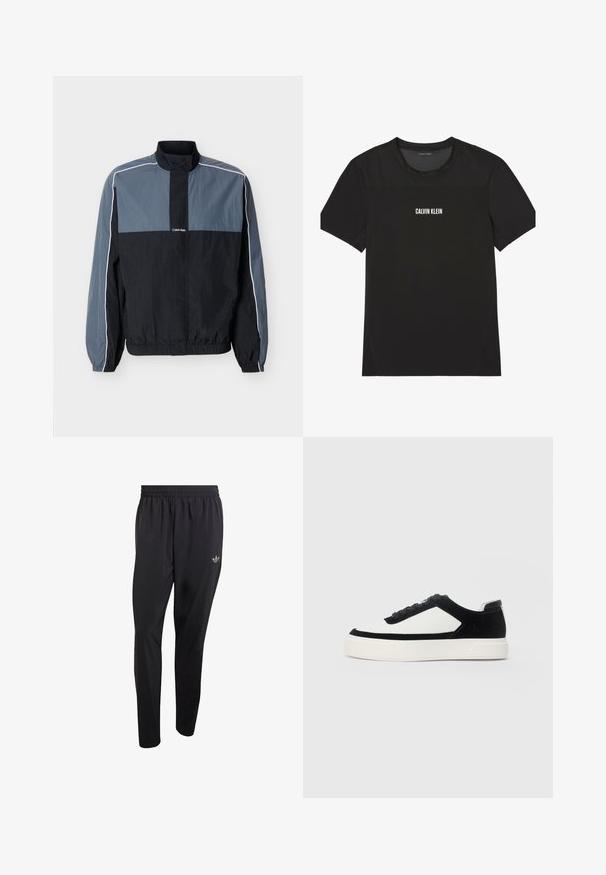 Herre sort og grå letvægts lynlåstrøje med høj krave, elastiske manchetter og nederst, samt hvide striber langs ærmer og skuldre.; Sort kortærmet atletisk T-shirt med mesh øverst på bryst og skuldre, med "Calvin Klein" logo centreret på fronten.; Sorte atletikbukser lavet af letvægtsmateriale med elastisk taljebånd og et lille præget logo på det øverste venstre benområde.; Lave sneakers med sort ruskind og hvide læderpaneler, sorte snørebånd og tyk hvid gummisål, vist fra ydersiden.