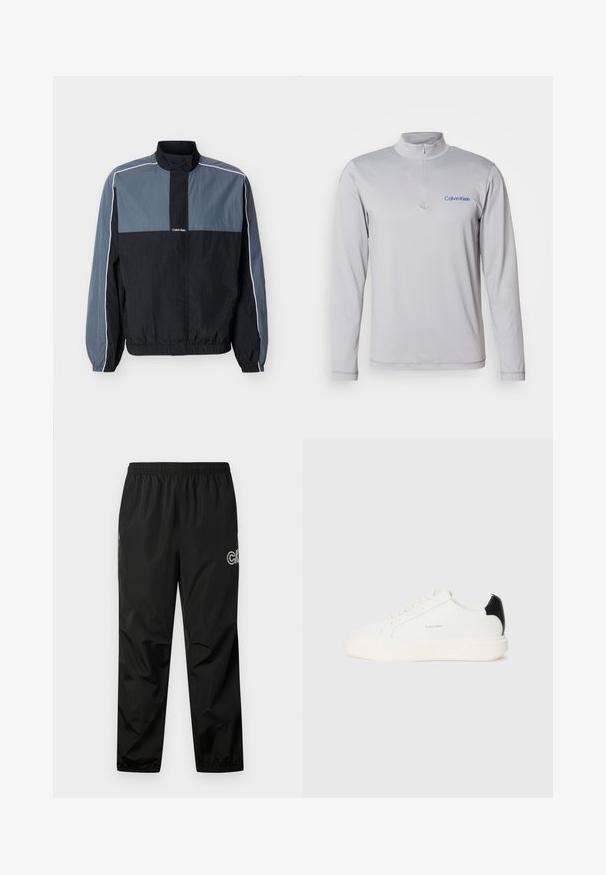 Chaqueta ligera para hombre en negro y gris con cremallera, cuello alto, puños y bajo elásticos, y ribete blanco a lo largo de las mangas y los hombros.; Sudadera de manga larga, de color gris claro, con cremallera y tejido texturizado. Presenta un logo azul de Calvin Klein en el pecho. Diseño simple y atlético.; Pantalones de lluvia negros hechos de un material ligero y waterproof. Cuenta con una cintura elástica y un detalle de logo en el costado. Textura suave.; Zapatilla de cuero blanca con un acento negro en el talón, presenta puntera redonda, cordones planos y una suela gruesa blanca. Logo de Calvin Klein visible.