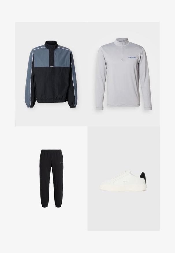 Veste légère zippée pour homme en noir et gris avec col montant, poignets et ourlet élastiques, et passepoil blanc le long des manches et des épaules.; Pull-over zippé à manches longues, gris clair avec un tissu texturé. Présente un logo Calvin Klein bleu sur la poitrine. Design simple et athlétique.; Pantalon de survêtement noir à taille élastique et chevilles resserrées avec petit logo blanc Calvin Klein sur la partie supérieure de la cuisse gauche.; Baskets en cuir blanc avec un accent noir à l'arrière, présentant un bout rond, des lacets plats et une épaisse semelle blanche. Logo Calvin Klein affiché.