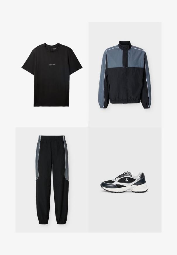 Veste légère zippée pour homme en noir et gris avec col montant, poignets et ourlet élastiques, et passepoil blanc le long des manches et des épaules.; T-shirt Calvin Klein noir à manches courtes avec col rond et petit logo blanc Calvin Klein centré sur la poitrine.; Pantalon de survêtement noir avec des panneaux latéraux gris foncé et un liseré blanc, taille et poignets élastiques, présenté sur un fond blanc.; Baskets de sport noires et argentées avec une tige en mesh et en synthétique, accents texturés, semelle intermédiaire blanche épaisse et semelle extérieure en caoutchouc noir. Avec logo.