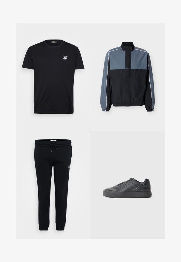 Herre sort og grå letvægts lynlåstrøje med høj krave, elastiske manchetter og nederst, samt hvide striber langs ærmer og skuldre.; Sort bomulds t-shirt med korte ærmer, rund halsudskæring og et lille hvidt broderet logo på venstre bryst. En simpel og klassisk design.; Sorte sweatpants lavet af blødt stof, med elastisk talje, snor, sidelommer og en lille logo detalje på hoften.; Sort lædersneaker med rund tå, flad gummisål og kontrasterende syninger. Har et logo på siden og snørebåndsdesign.