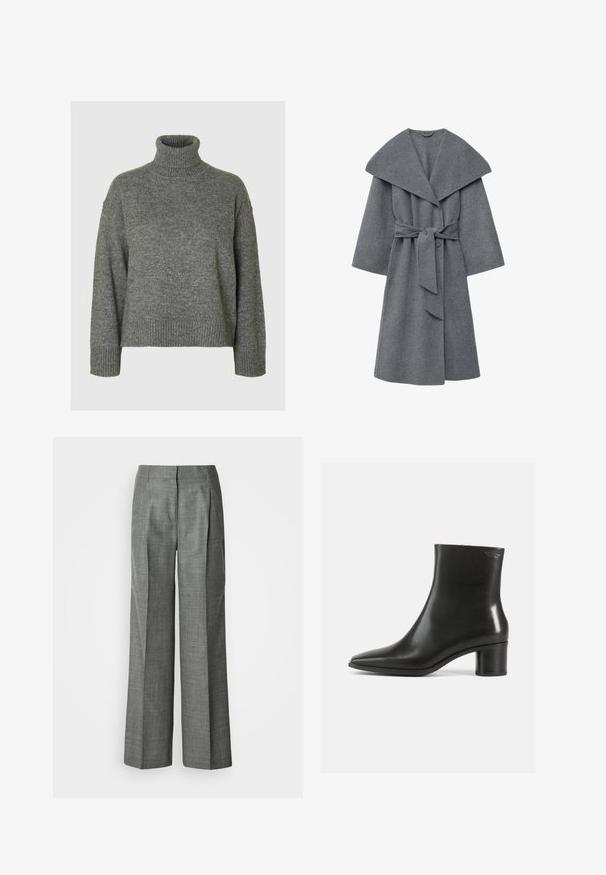 Manteau en laine gris anthracite doté d'un large col, de manches oversize et d'une ceinture à la taille, avec une finition douce et texturée.; Pull à col roulé gris fabriqué dans un matériau doux et texturé, avec une coupe décontractée. Présente un col, des poignets et un ourlet côtelés. Design simple.; Pantalon gris à jambes larges en tissu texturé, avec des plis, un devant plat et une coupe droite. Pas de poches visibles ni d'ornements.; Bottine en cuir noir avec un bout pointu et un talon bloc de hauteur moyenne. Texture lisse et design minimaliste. Pas de ferrures visibles.
