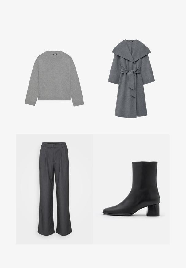 Charcoal grå uldfrakke med bred krave, oversized ærmer og taljebånd, samt en blød, tekstureret finish.; Grå strikket sweater med lange ærmer, rund halsudskæring og ribbet kant. Fremstillet af blødt materiale, har et minimalistisk design uden mønstre.; Bredde bukser i mørkegrå stof med en struktureret overflade, frontfolder og sidelommer med en skræddersyet talje.; Sorte læder ankelstøvler med spids tå og en kraftig firkantet hæl. Glat overflade med et sømløst design og minimalistisk syning.