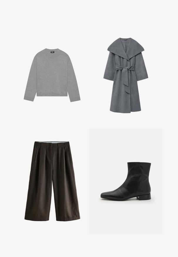 Manteau en laine gris anthracite doté d'un large col, de manches oversize et d'une ceinture à la taille, avec une finition douce et texturée.; Pull en maille gris avec des manches longues, un col rond et un ourlet côtelé. Fabriqué en matériau doux, il présente un design minimaliste sans motifs.; Pantalons larges en motif chevrons brun foncé, avec des plis avant, une taille haute et une texture de tissu lisse.; Botte cheville en cuir noir avec un bout pointu, texture lisse, design minimaliste et un petit talon carré. La fermeture éclair sur le côté monte jusqu'à la cheville.