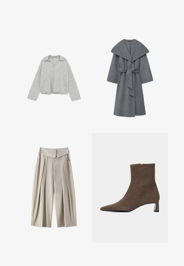 Manteau en laine gris anthracite doté d'un large col, de manches oversize et d'une ceinture à la taille, avec une finition douce et texturée.; Pull en tricot gris avec un décolleté en V, des manches longues et un col. La texture est douce, fabriquée en un matériau léger et duveteux.; Pantalon beige taille haute à jambes larges avec plis et poches latérales, doté d'une ceinture pliée et de détails de couture à l'avant.; Bottine en suède marron avec bout pointu, fermeture éclair latérale et petit talon carré sur fond clair uni.
