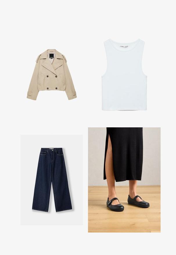 Beiger kurzer Trenchcoat mit weitem Revers, doppelreihigen Knöpfen, Schulterklappen und Vordertaschen von Pull&Bear.; Weißes ärmelloses Crop-Top mit rundem Ausschnitt, aus glattem Stoff, mit dem Label Pull&Bear, geeignet für den Alltag.; Dunkelblaue Jeans mit weitem Bein, vorderer Knopf- und Reißverschluss, vorderen Taschen und Gürtelschlaufen, flach auf weißem Hintergrund ausgelegt.; Frau in einem schwarzen, gerippten Midikleid mit seitlicher Schlitze, die schwarze Mary-Jane-Ballerinas auf einem Holzboden trägt.