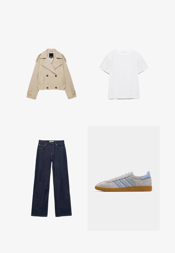 Beige cropped trenchcoat met brede revers, dubbelrijige knopen, schouderepauletten en voorzakken van Pull&Bear.; Effen wit T-shirt met korte mouwen en ronde hals, met een rechte zoom, gepresenteerd tegen een witte achtergrond.; Donkerblauwe jeans met rechte pijpen, voorzakken, riemlussen, knoopsluiting en zichtbare contrasterende stiksels.; Grijze suède sneaker met lichtblauwe strepen, rubberen gumzool en logo-accenten. Laag model met ronde neus en vetersluiting.