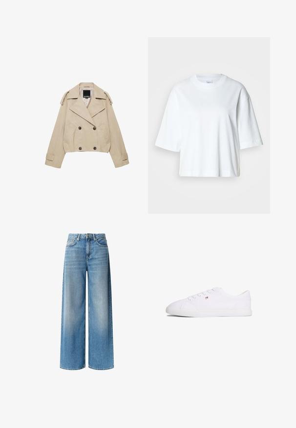 Béžový krátky trench coat so širokými klopami, dvojradovými gombíkmi, ramennými epolety a prednými vreckami od Pull&Bear.; Biele skrátené tričko s krátkymi rukávmi, okrúhlym výstrihom, vyrobené z mäkkej bavlnenej látky, s jednoduchým a čistým dizajnom.; Džínsy s širokými nohavicami v modrej farbe majú svetlý umývaný vzhľad, vysoký pás, predné vrecká a jemný efekt vyblednutia pozdĺž nôh. Ukončené zapínaním na gombík.; Biela nízka teniska so šnurovaním a malým červeno-bielo-modrým logom na boku, s plochou gumovou podrážkou.