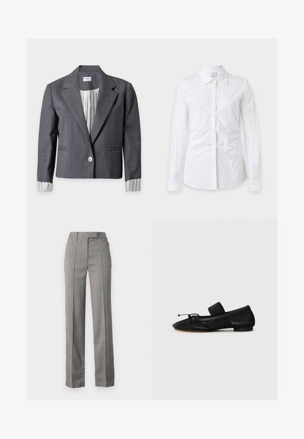 Grauer, maßgeschneiderter Blazer mit einem Knopf, gekerbtem Revers, zwei Vorderentaschen und weiß gestreiftem Futter, sichtbar an den Ärmelbündchen und innen am Kragen.; Weißes langärmliges Hemd mit Knöpfen und Kragen, leicht zerknitterter Stoff und ein sichtbares Markenschild innen am Kragen.; Grau gestreifte Hose mit gerader Beinform, ausgestattet mit subtilen roten und blauen Streifen, aus einem strukturierten Stoff hergestellt.; Schwarze flache Schuhe mit einer spitzen Zehe, aus strukturiertem Stoff, mit einem Schleifenakzent und einem kleinen, runden Absatz. Elastisches Band am Knöchel.
