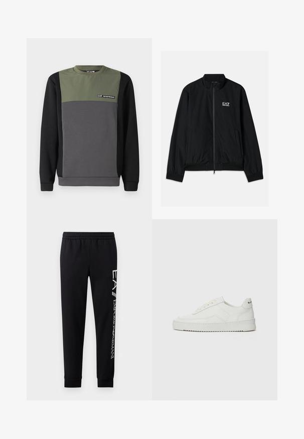 Čierna bomber bunda s vysokým golierom, predným zipsom, elastickými manžetami a spodným lemom. Obsahuje biele logo EA7 na ľavej hrudi a dve bočné vrecká.; Mikina v blokových farbách: tmavozelená horná časť, sivá stredná časť a čierna dolná časť. Má dlhé rukávy a okrúhly výstrih s detailom loga.; Čierne tepláky vyrobené z bavlnenej zmesi, s elastickým pásom, zúženými nohavicami, ribovanými manžetami a bielym logom na boku.; Biele kožené tenisky s hladkým povrchom, okrúly špičkový dizajn, ploché šnúrky a textúrovaná podrážka. Obsahujú jemné logo na päte.