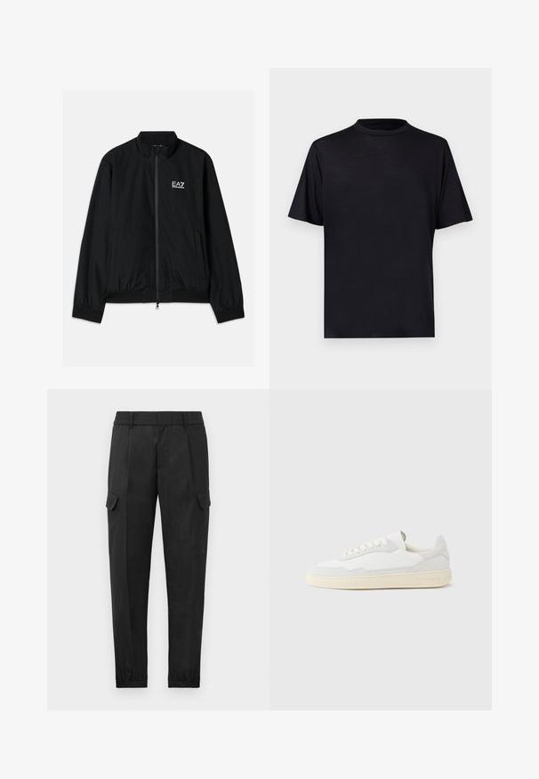 Chaqueta bomber negra con cuello alto, cremallera en la parte delantera, puños y dobladillo elásticos. Presenta el logo blanco de EA7 en el lado izquierdo del pecho y dos bolsillos laterales.; Camiseta negra de manga corta con cuello alto, hecha de una tela suave y ligera, con un diseño minimalista sin estampados ni adornos.; Pantalones cargo negros con una cintura elástica, pierna ajustada, bolsillos laterales y un solo bolsillo cargo en el muslo izquierdo. Textura suave.; Zapatilla blanca con parte superior texturizada de ante y cuero. Presenta una puntera redondeada, cierre con cordones y suela de goma beige contrastante.