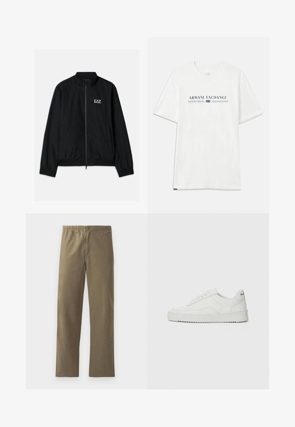 Veste bomber noire avec un col haut, fermeture éclair à l'avant, poignets et ourlet en élastique. Présente le logo EA7 blanc sur la poitrine gauche et deux poches latérales.; T-shirt en coton blanc à manches courtes, avec un logo "ARMANI EXCHANGE" bleu et vert et "1991" centré en dessous.; Pantalons kaki en tissu léger. Dotés d'une taille élastique, d'une fermeture à boutons, de jambes droites et d'une texture lisse.; Baskets en cuir blanc avec une finition lisse, bout arrondi, lacets plats et semelle texturée. Présente un logo discret sur le talon.