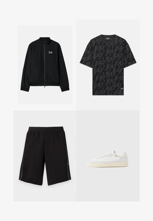 Veste bomber noire avec un col haut, fermeture éclair à l'avant, poignets et ourlet en élastique. Présente le logo EA7 blanc sur la poitrine gauche et deux poches latérales.; T-shirt noir à manches courtes, col rond, avec des logos "EA7" gris foncé répétitifs et une petite étiquette EA7 Emporio Armani à l'ourlet.; Shorts de sport noirs avec une taille élastique, présentant des panneaux en maille sur les côtés et un logo sur la jambe gauche. Texture de tissu lisse.; Baskets blanches avec dessus en daim et cuir texturé. Caractérisées par un bout arrondi, une fermeture à lacets et une semelle en caoutchouc beige contrastante.