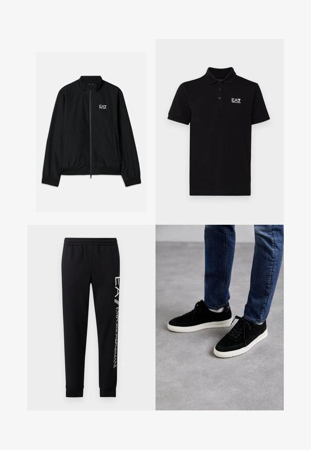 Μαύρο bomber jacket με ψηλό γιακά, φερμουάρ μπροστά, ελαστικούς καρπούς και στρίφωμα. Διαθέτει λευκό λογότυπο EA7 στο αριστερό στήθος και δύο πλαϊνές τσέπες.; Μαύρο πόλο μπλουζάκι από βαμβάκι με κλασικό γιακά, πλάκα με τρεις κουμπιά και λευκό λογότυπο EA7 στο αριστερό στήθος. Κοντά μανίκια.; Μαύρο παντελόνι φόρμας από μείγμα βαμβακιού, με ελαστική μέση, κομμάτια με κωνική γραμμή, ριμπ μανσέτες και λευκή εκτύπωση λογότυπου κατά μήκος της πλευράς.; Μαύρα σουέτ αθλητικά παπούτσια με λευκή καουτσούκ σόλα, που διαθέτουν κλασική χαμηλή σχεδίαση, στρογγυλή μύτη και επίπεδες μαύρες κορδόνες.